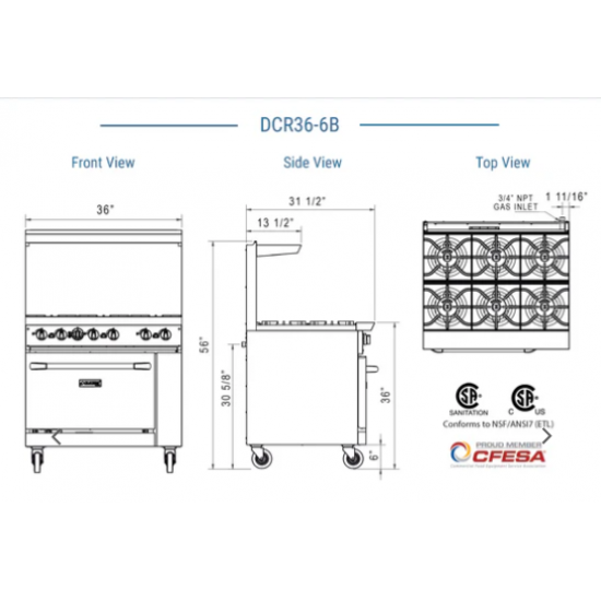 Estufa a gas de 36" con 6 quemadores abiertos